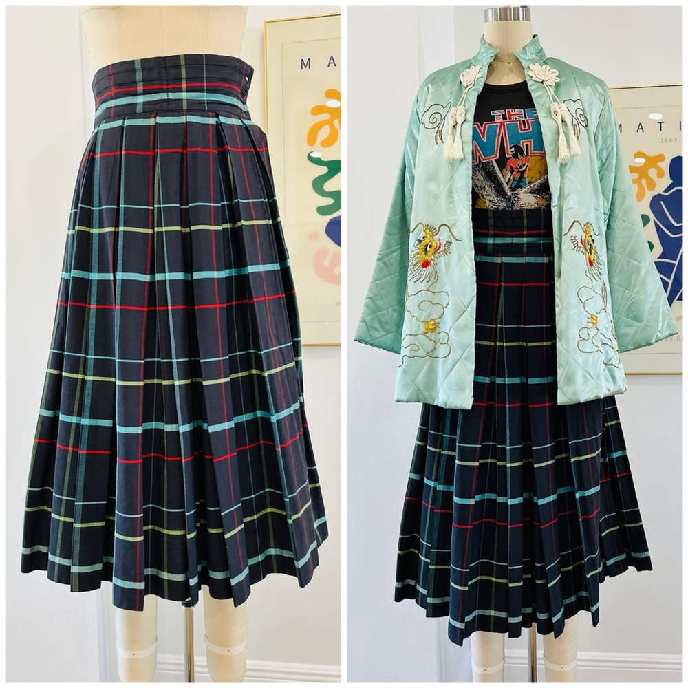 Vintage Plaid Box Pleat Full Midi Skirt